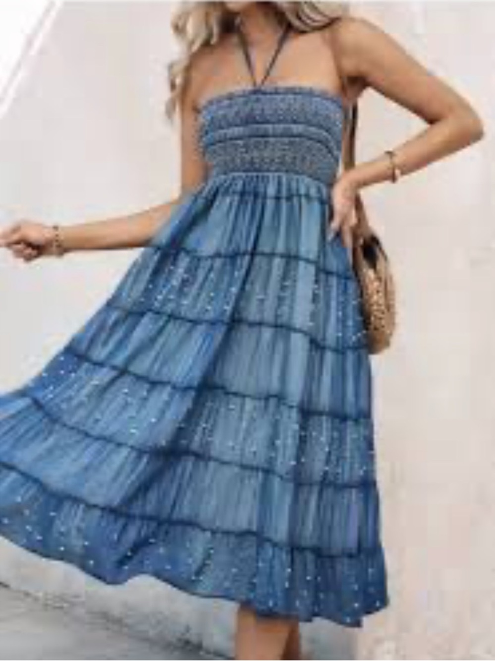 Chicme Smocked Strapless Blue Tiered Midi Dress Size L